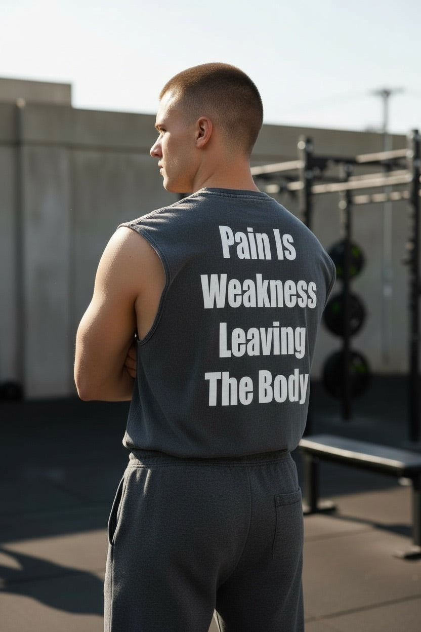 “PAIN IS WEAKNESS” Men's Sleeveless Distressed Tank Top